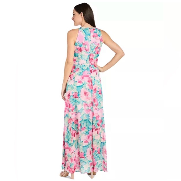 R & M Richards Women's Floral-Print Halter Gown Pink Green 14 New Cocktail Dress - Picture 4 of 7